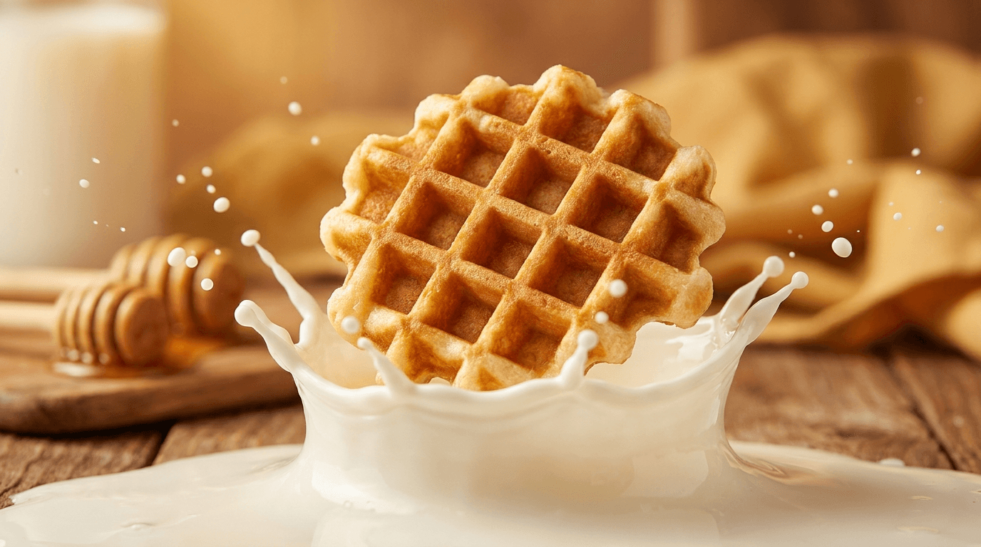 Nybakad glutenfri våffla som landar i ett mjölksplash